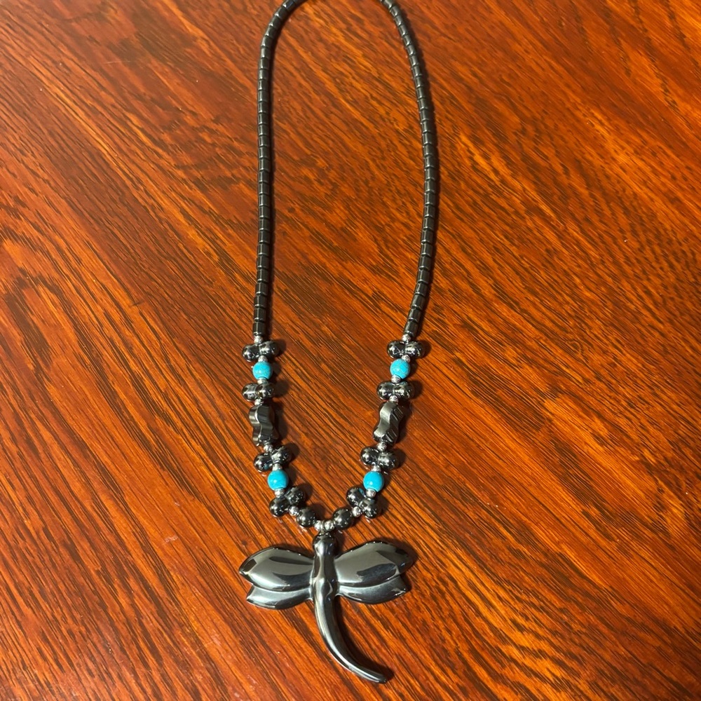 Hematite and Turquoise dragonfly necklace